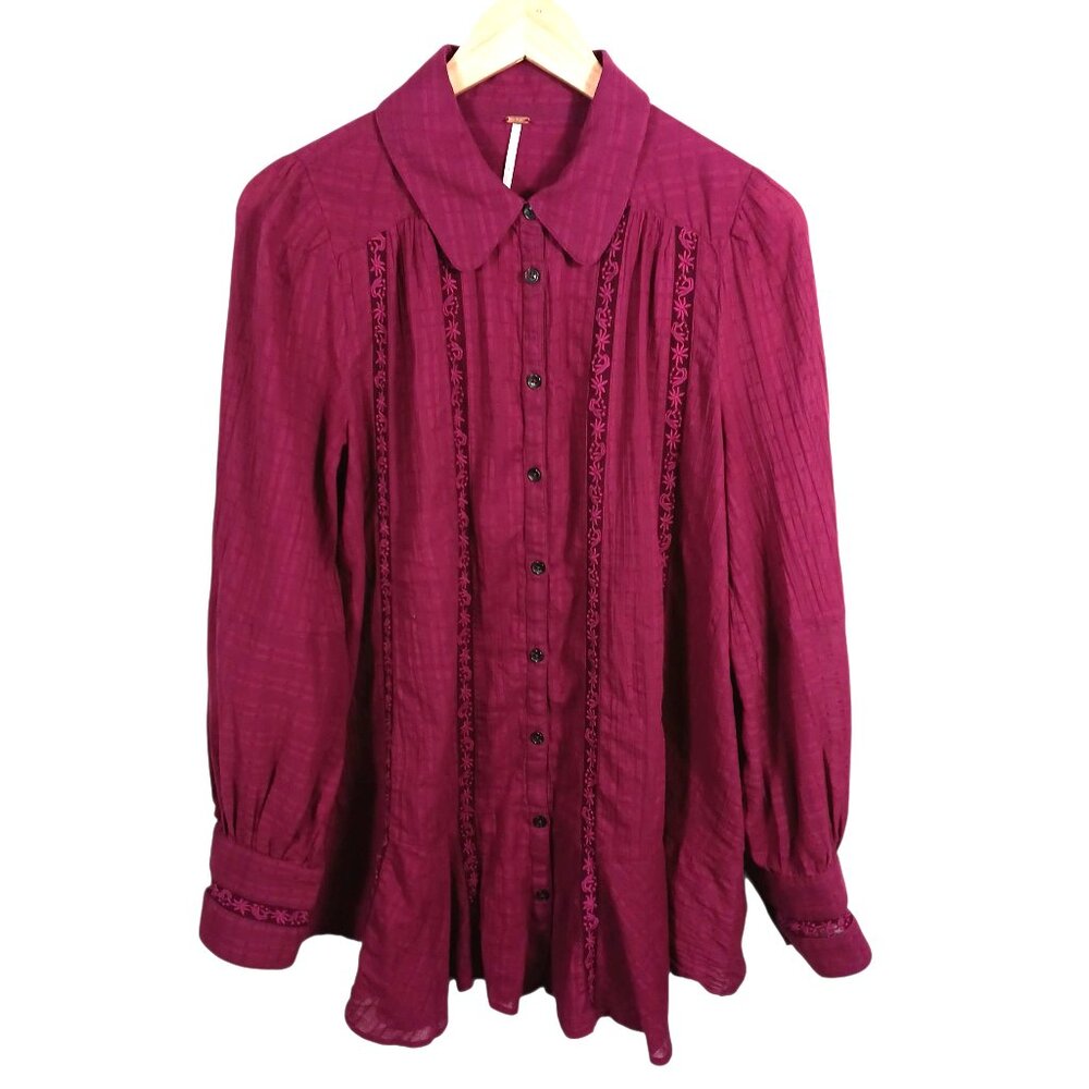 Free People Burgundy Button Down Top, Long Sleeve, Embroidered. Full Cut, Medium